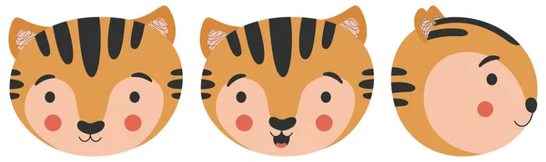 Conjunto Tres Caras Dibujos Animados Lindos Cachorros Tigre Mirando Hacia — Vector de stock