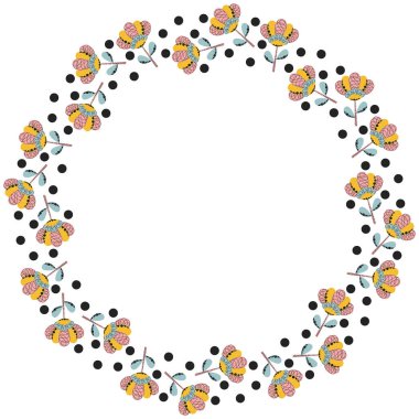 Soyut lale çiçeklerinin yuvarlak çerçevesi yumuşak pembe, sarı, güvercin grisi renklerle süslenmiş ve beyaz arkaplanda siyah halkalar. Çocuk baharı, yazı yazı yazı yazı şablonu. Vektör.