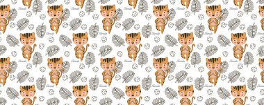 Kaplan yavrularının yoga, asana Vrikshasana, kaligrafik yazı, Namaste ve siyah kontür tropikal canavar ve beyaz arka planda palmiye yapraklarındaki şekilsiz şekilleri. Vektör.