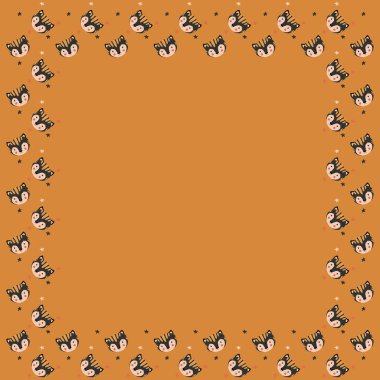 Siyah kaplan yavrularından yapılmış şirin kare çerçeve ve ahşap arka planda soyut yıldızlar. İskandinav tarzında yavru kedilerin yüzleri. Çocukça bir davetiye, kartpostal için sınır. Vektör.