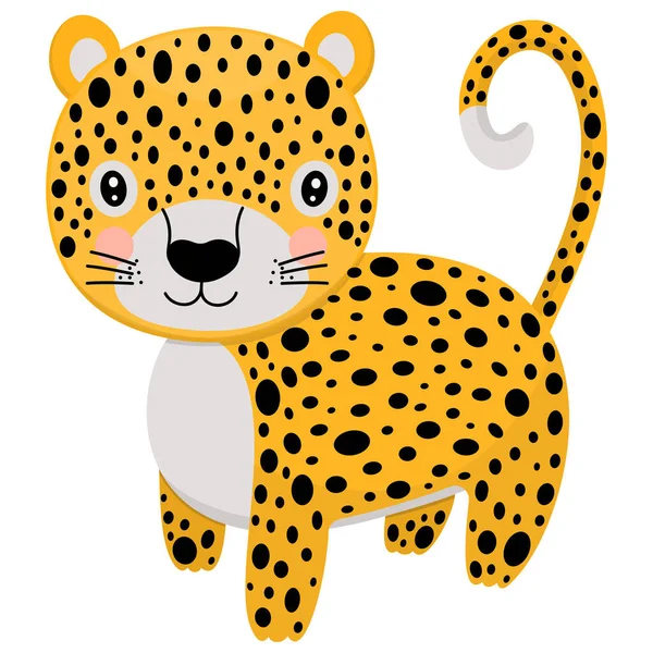 Leopar şeklinde şirin bir çizgi film. Ormanda beyaz arka planda yaşayan vahşi bir hayvanın tek bir örneği. Vektör.
