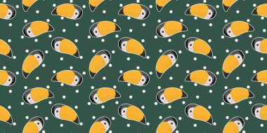 Çizgi filmlerdeki şekilsiz karakterlerin sevimli yüzleri gökkuşağı tukanlarının büyük sarı gagaları, gülümsemeleri ve lanet yanakları. Yeşil arka planda tropikal kuşların egzotik kafaları. Paket kağıdı için. Vektör.