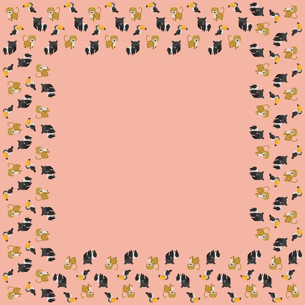 Komik gökkuşağı tukanının, tapirlerin, pembe arka plandaki leopar karakterlerin kadınsı kare çerçevesi. Mesaj atılacak yer. Vektör.