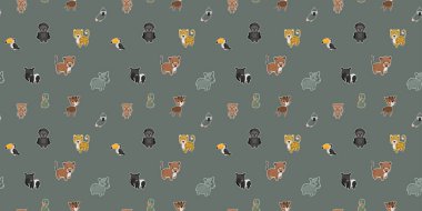 Çizgi filmlerdeki kusursuz şirin bebek gergedanlar, batı gorilleri, boas yılanı, okapis, Güney Amerika burunları, tapirler, gökkuşağı tukanları, örümcek maymunları, gri papağanlar, leoparlar. Gri arka plan. Vektör