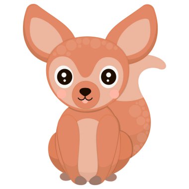 Beyaz arka planda yakut yanakları olan sevimli Afrika fenik tilkisi çizgi filmi. Çocuk kıyafetleri, tişört, kumaş ve çıkartma basmak için tropik bir hayvan tasviri. Vektör.