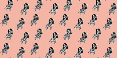 Pembe arka planda gülümseyen küçük zebraların kusursuz deseni. Çocukların grafik tasarımı, giyim, tekstil, kumaş, dijital kağıt için Afrika çizgili atları tekrarlıyor. Vektör.