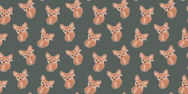 Gri arka planda parlak yanakları olan kusursuz çizgi film desenli şirin Afrika fenec tilkileri. Çocuk kıyafetleri, tekstil, kumaş ve ambalaj için tropikal hayvanların arka planı. Vektör.