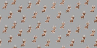 Açık gri arka planda parlak yanaklı, karikatürlü bongo antilopların kusursuz deseni. Bitmek bilmeyen boynuzlu Afrika hayvanları çocuk giysileri ve kumaşlarına basmak için. Vektör.