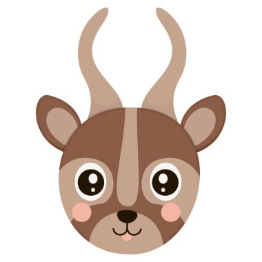 Beyaz arka planda yanakları yanan karikatür bongo antilopunun küçük yüzü. İkona, logo, çıkartma ve DIY projesi için izole edilmiş boynuzlu Afrika hayvanı başı. Vektör.