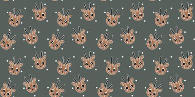 Neşeli yavru dorcas ceylanları kafalarının kusursuz çizgi film deseni ve gri arka planda beyaz daireler. Çatallı, Afrika toynaklı hayvan yüzlerinin sonsuz dokusu. Vektör.