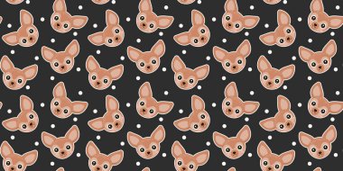 Yanakları, çıkıntılı dilleri ve siyah arka planda beyaz daireleri olan sevimli Afrika fennek tilkilerinin kusursuz desenleri. Çocuk kıyafetleri için tropikal hayvanların kafaları. Vektör.