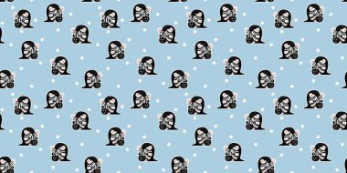 Mavi arka planda parlak dilleri, parlak yanakları ve beyaz daireleri olan sevimli, gülümseyen zebra yüzlerinin kusursuz deseni. Çizgili atların Afrika burunları. Sonsuz doku. Vektör.