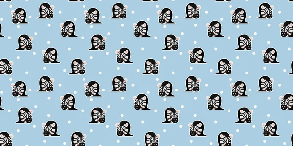 Mavi arka planda parlak dilleri, parlak yanakları ve beyaz daireleri olan sevimli, gülümseyen zebra yüzlerinin kusursuz deseni. Çizgili atların Afrika burunları. Sonsuz doku. Vektör.