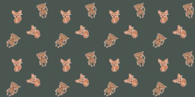 Neşeli çizgi film karakterleri, örümcek maymunları ve Afrika tilkilerinden oluşan kusursuz bir desen. Gri arka planda beyaz felçli karakterler. Tekstil, çocuk kıyafetleri, dijital kağıt, kumaş. Vektör.