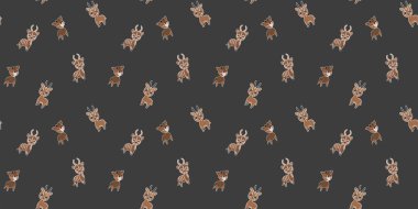 Kusursuz gülen karikatür okapiler, Dorcas ceylanları ve siyah arka planda beyaz kulaç atan bongo antilopları. Tropik toynaklı hayvanlar. Vektör.