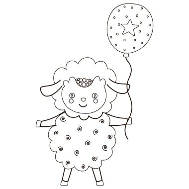 Elinde balon tutan sevimli mavi koyunun çocuk yüz karası ve beyaz çizimi. Boyama kitabı ya da sayfa için. Vektör.