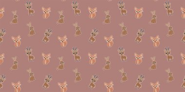 Kusursuz, küçük Afrika kır tavşanları, feneik tilkiler, gri pembe arka planda beyaz çizgileri olan Dorcas ceylanları. Vektör.