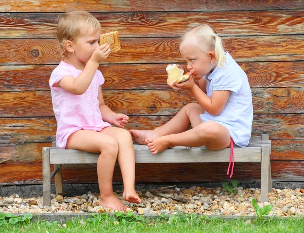 Picnic per bambini sulla panchina rurale . — Foto Stock