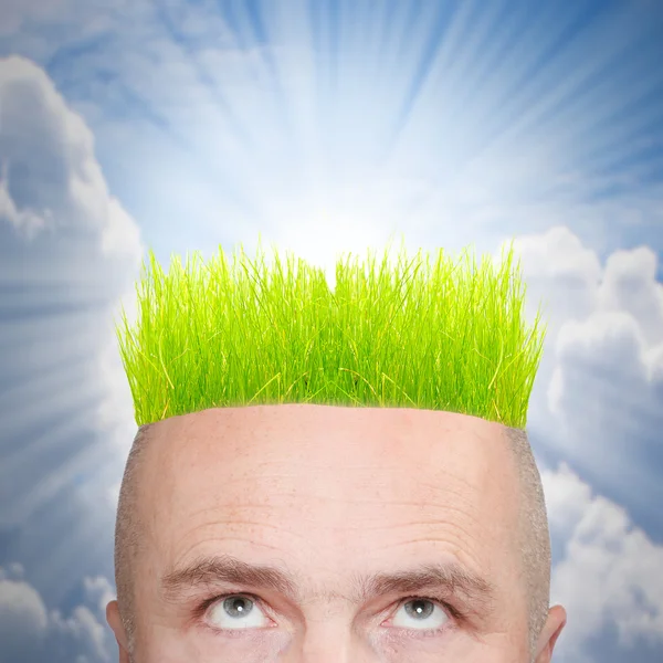 Man with hairstyle from green grass. — Stock Photo, Image