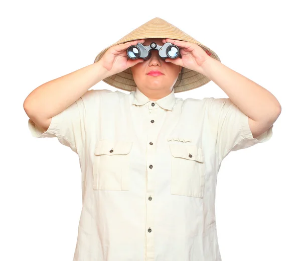 Traveler exploring looking through binoculars — Stock Photo, Image