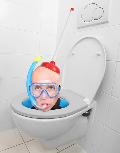 Crazy scuba diver in the toilet bowl. — Stock Photo, Image