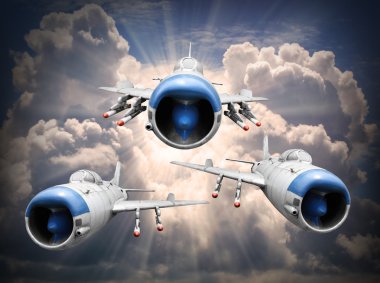 Old jet fighter planes with missiles inbound from sun clipart