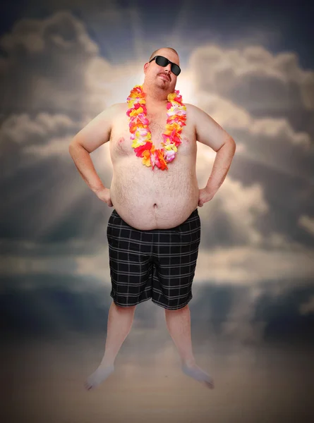 Overweight man with hawaian flowers — Stock Photo, Image