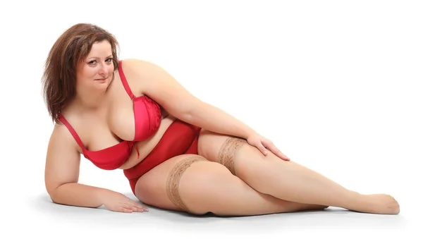 Overweight woman dressed in retro underwear — Stock Photo, Image