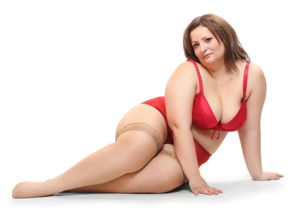 Overweight woman dressed in retro underwear — Stock Photo, Image