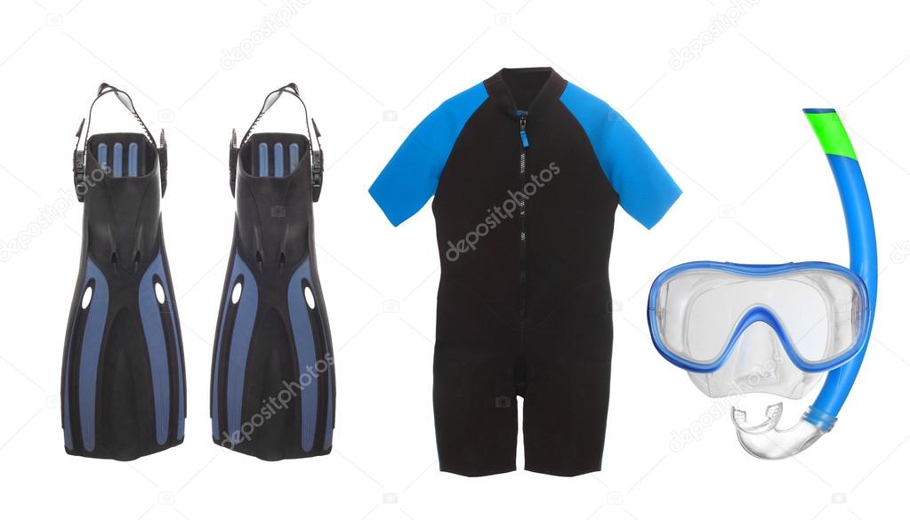 Scuba diving equipment - diving mask, wetsuit and flippers 