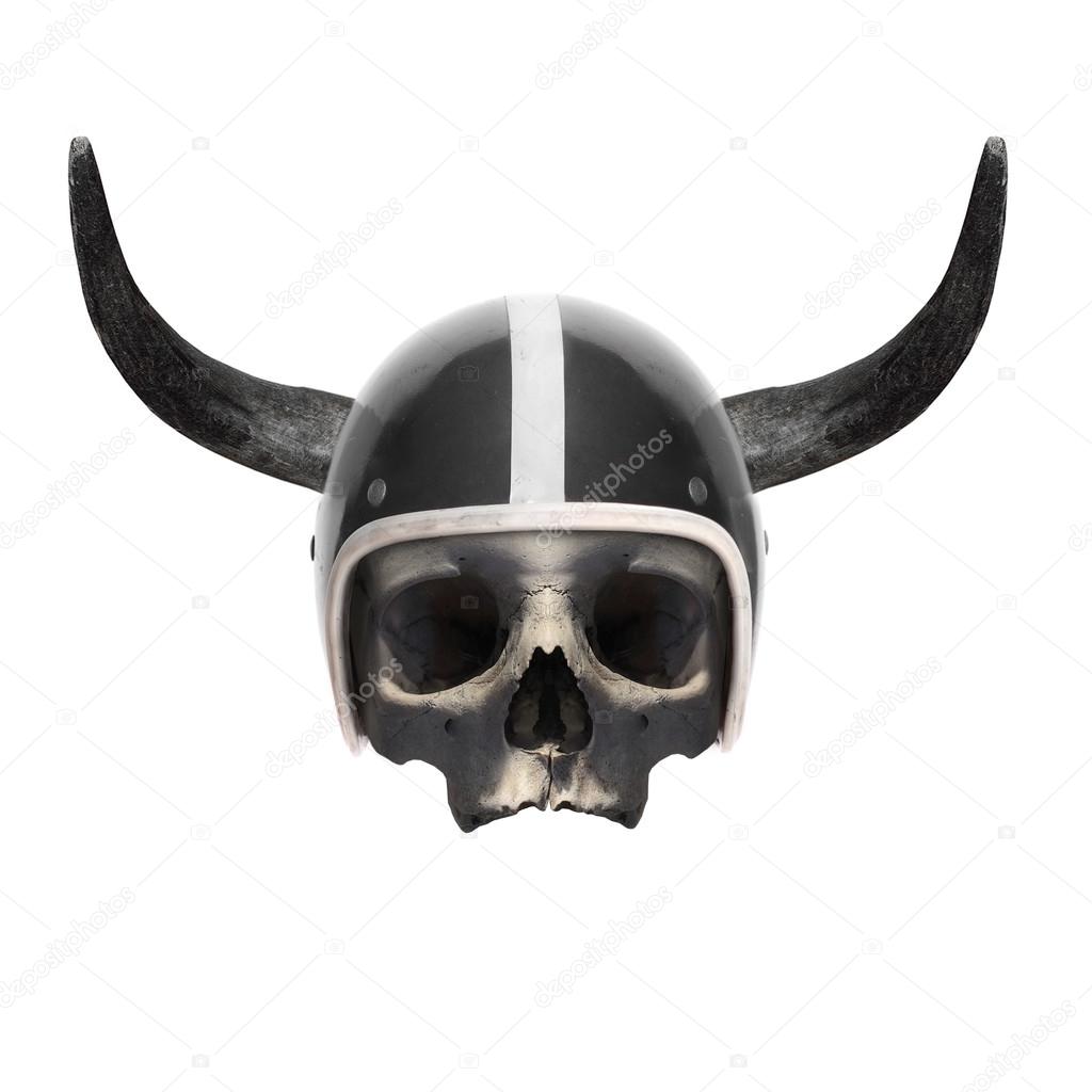 Retro motorcycle helmet with bull's long horns 