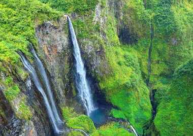 Aerial view to waterfall in rainforest. clipart