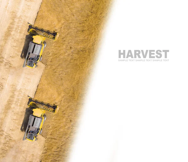 コムギ畑のコンバイン収穫機の空中図. — ストック写真