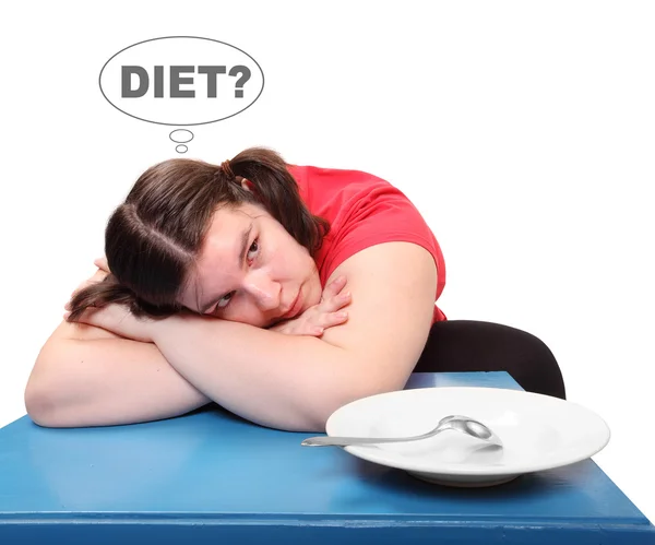 Femme obèse affamée avec assiette vide . — Photo