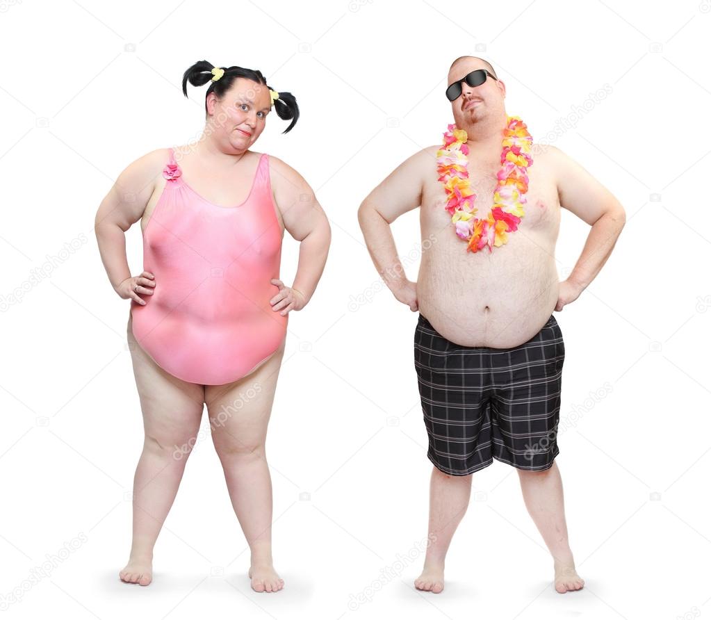 Obese couple in swimsuit.