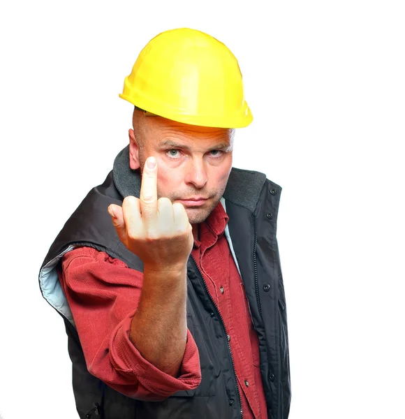 Trabalhador da construção mostrar dedo médio — Fotografia de Stock