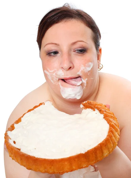 Girl greedy eats sweet pie — Stock Photo, Image