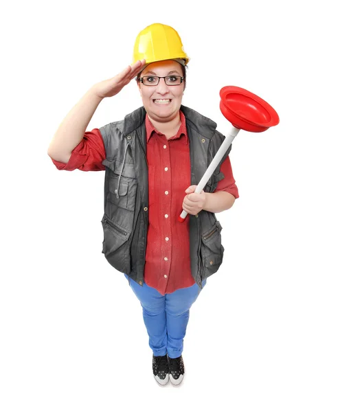 Happy repairwoman with red toilet plunger — Stock Photo, Image