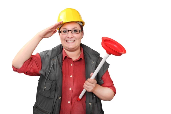 Repairman with red toilet plunger. — Stock Photo, Image