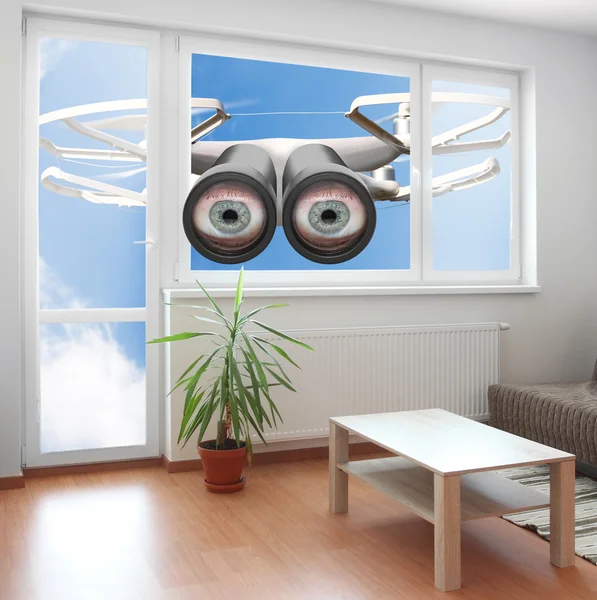 Drone spionage door raam. — Stockfoto