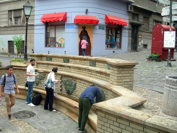 Redakteure füllen Wasserflaschen skadarlija belgrade serbia — Stockfoto