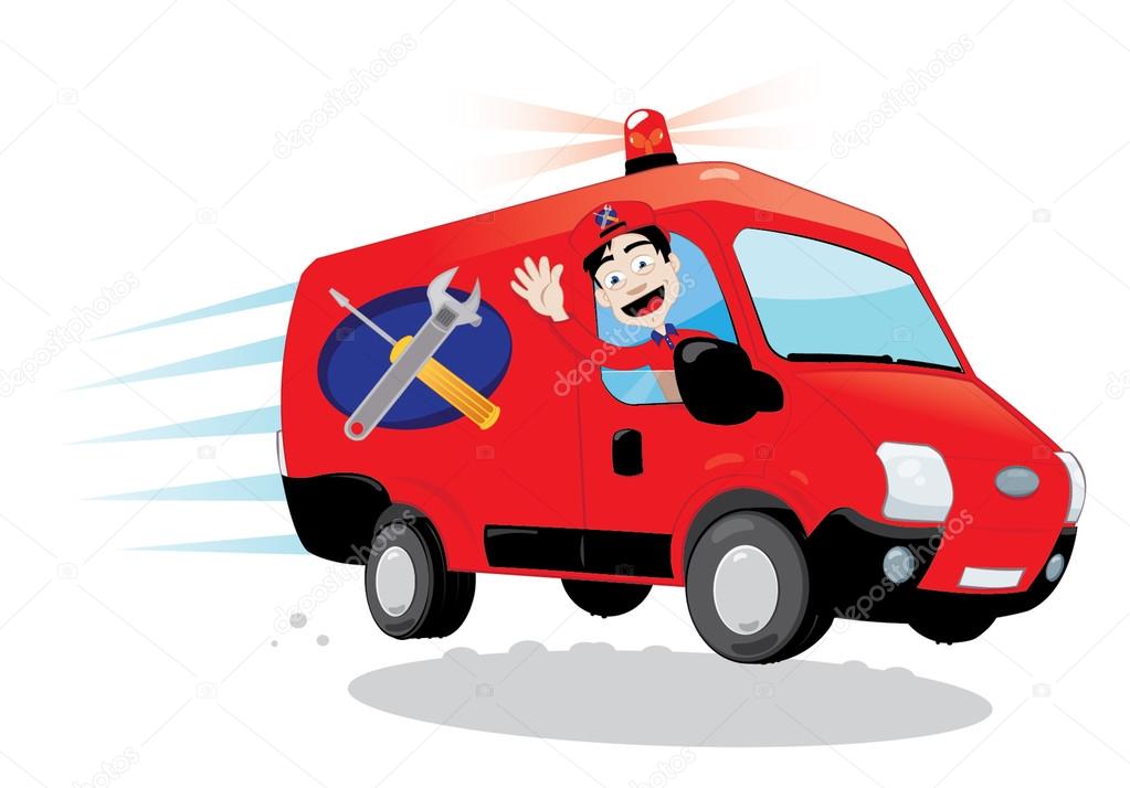 Funny Handyman driving a van - express assistance concept