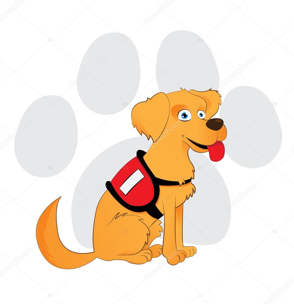 Cartoon service dog sitting on a paw background