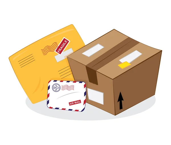 Services postaux : colis, enveloppe jaune, enveloppe lettre — Image vectorielle