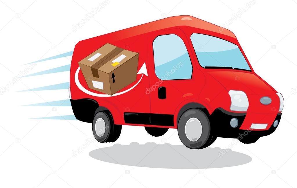 A vector cartoon representing a funny red courier van running and delivering some packages- fast shipping concept