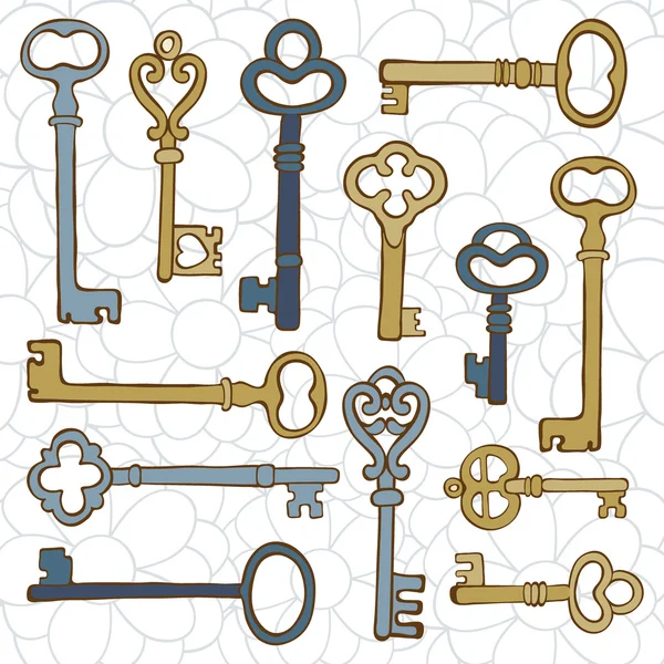 Beautiful hand drawn vintage keys collection — Stock Vector