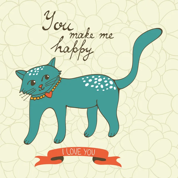 Με κάνεις ευτυχισμένο. Χαριτωμένο χέρι συντάσσονται κάρτα με τη γάτα — Διανυσματικό Αρχείο