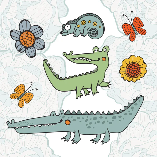 Cute set of hand drawn crocodiles — Stock Vector