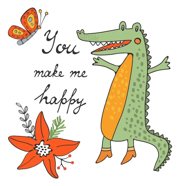 You make me happy. Cute hand drawn card with crocodile character — Stock Vector