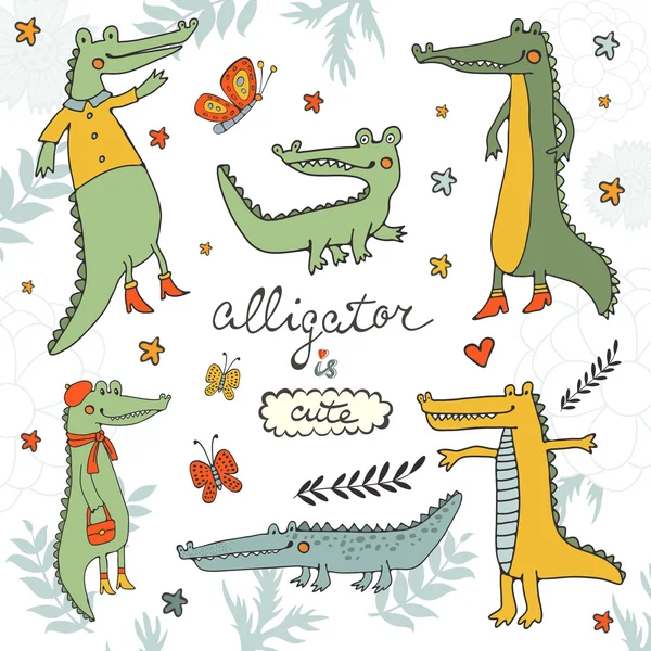 Alligator is schattig. Kleurrijke hand getekend set van krokodillen en alligators — Stockvector